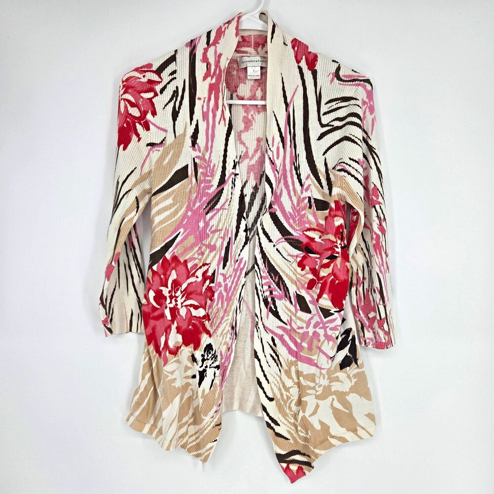Christopher & Banks Womens S Floral Knit Open Front Cardigan Sweater Cotton
